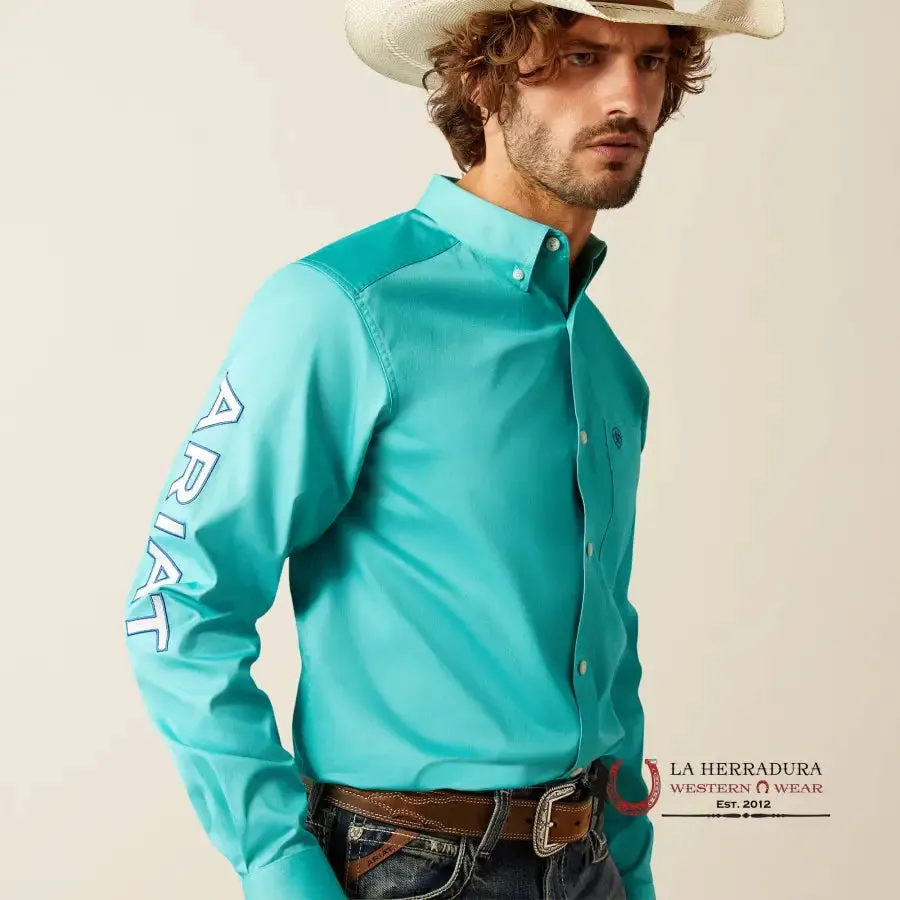 ARIAT TEAM LOGO TWILL LONG SLEEVE SHIRT FITTED TURQUOISE/BLUE - 5407