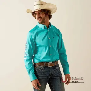 ARIAT TEAM LOGO TWILL LONG SLEEVE SHIRT FITTED TURQUOISE/BLUE - 5407