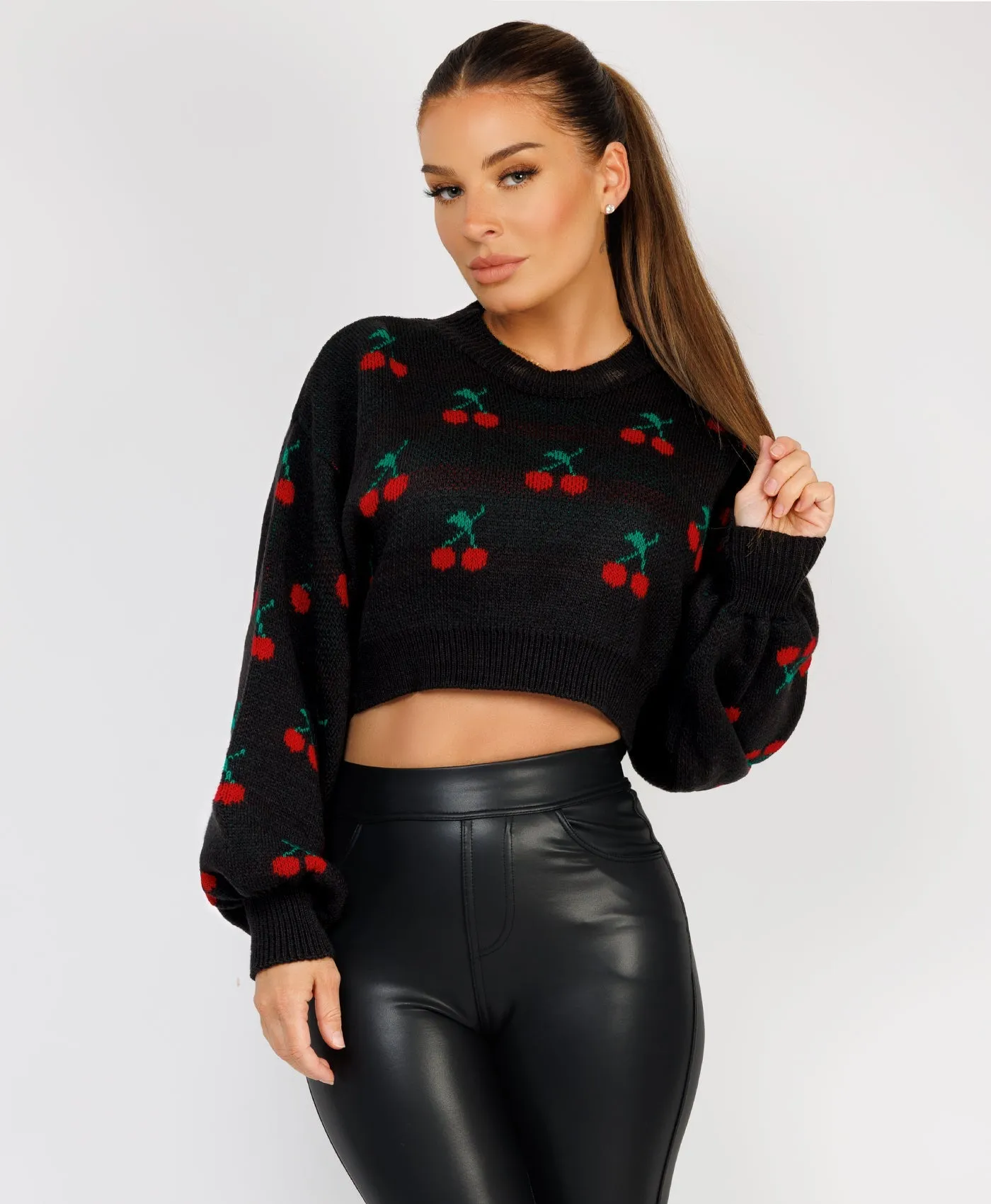 Black Cherry Detail Oversized Cropped Knitted Jumper