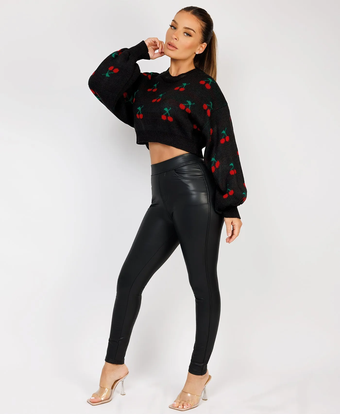 Black Cherry Detail Oversized Cropped Knitted Jumper