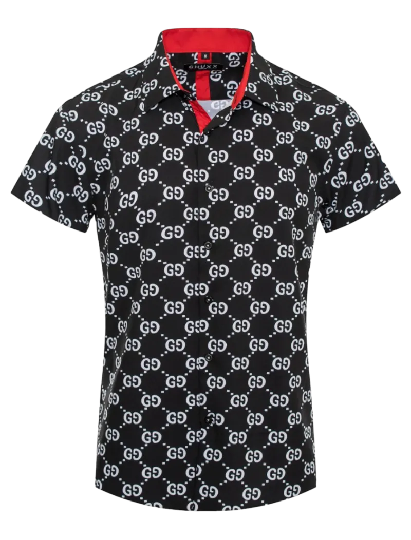 Black GG Men's Short Sleeve Graphic Fashion Design Casual Shirt
