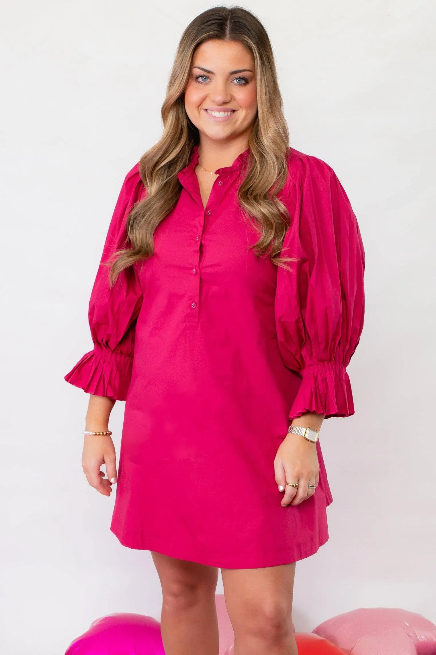 Bright and Berry Pink Pleated Sleeve Mini Dress