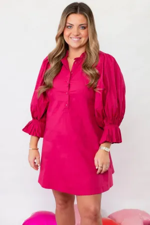 Bright and Berry Pink Pleated Sleeve Mini Dress