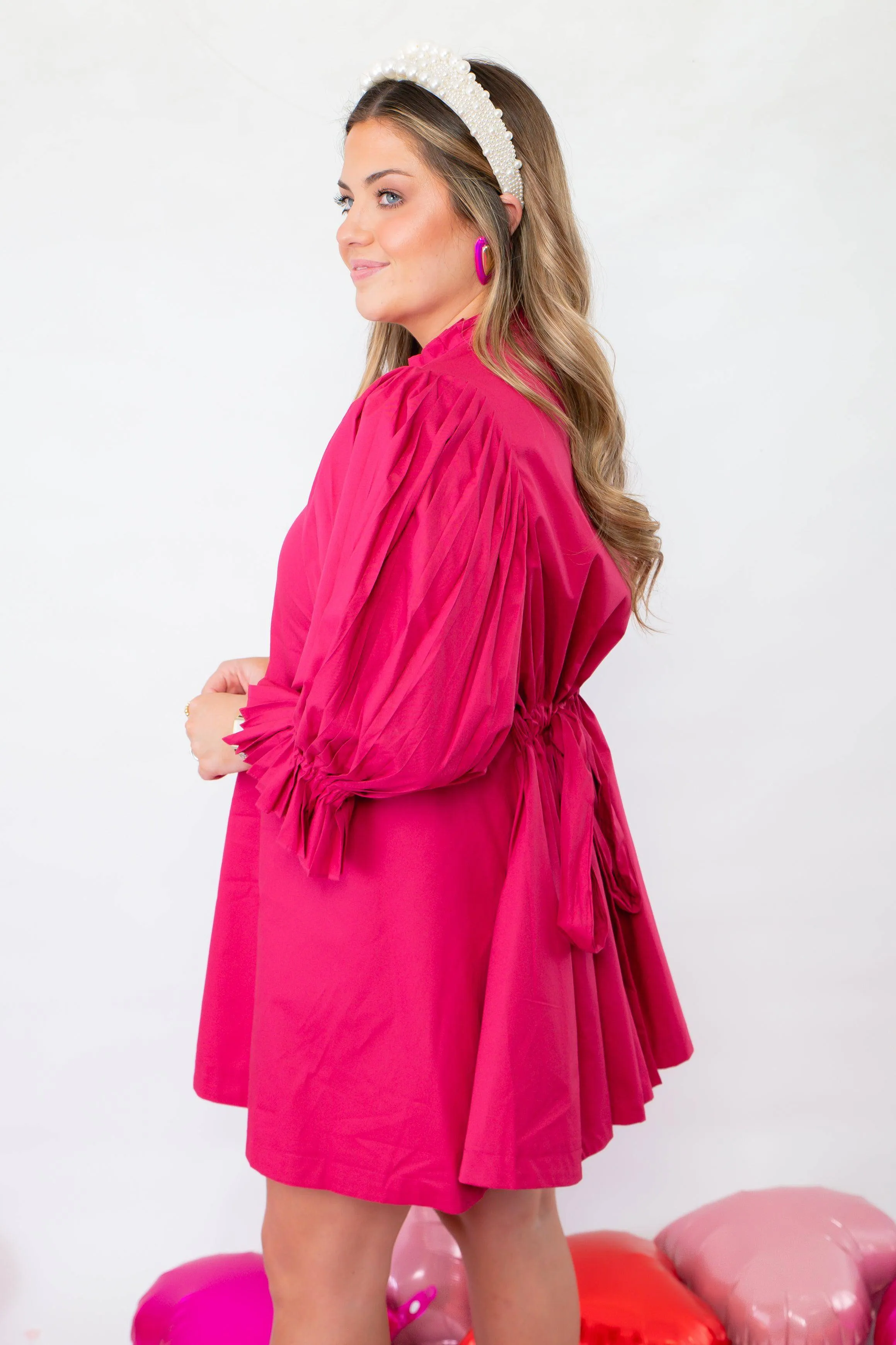 Bright and Berry Pink Pleated Sleeve Mini Dress