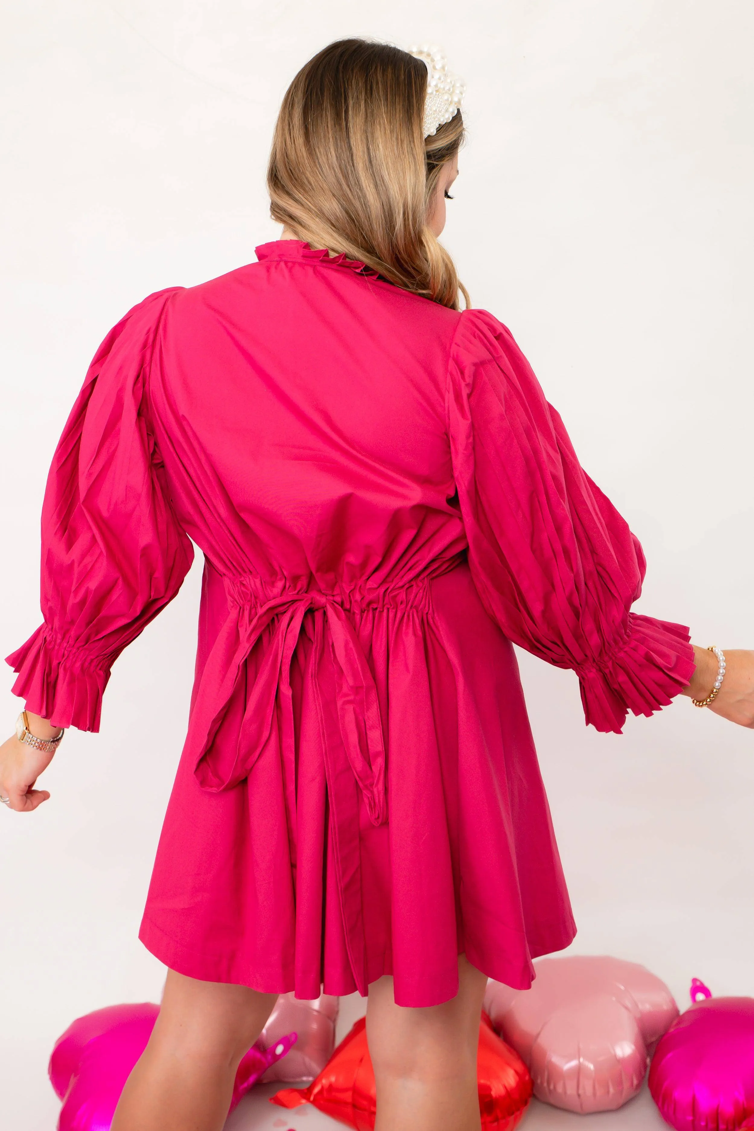 Bright and Berry Pink Pleated Sleeve Mini Dress