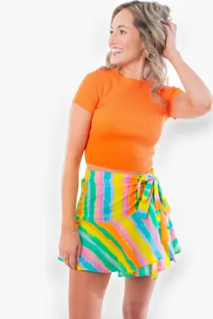 Brigitte Rainbow Paint Striped Wrap Skort