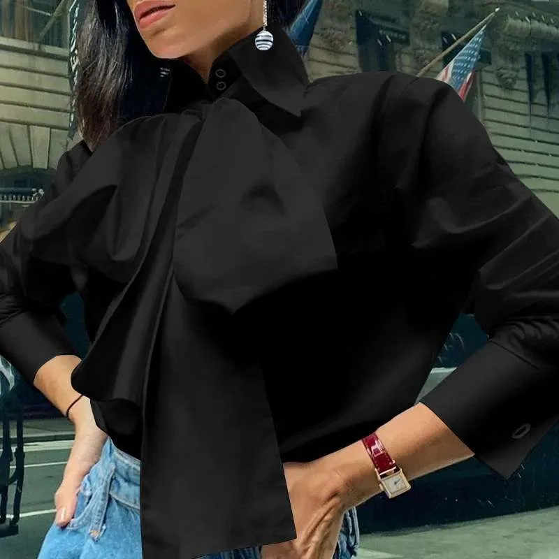 Celmia Women Elegant Bow Tie Long Sleeve Shirts