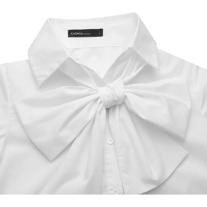 Celmia Women Elegant Bow Tie Long Sleeve Shirts