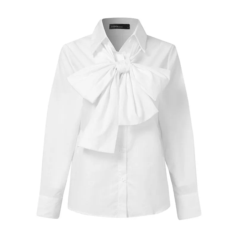 Celmia Women Elegant Bow Tie Long Sleeve Shirts