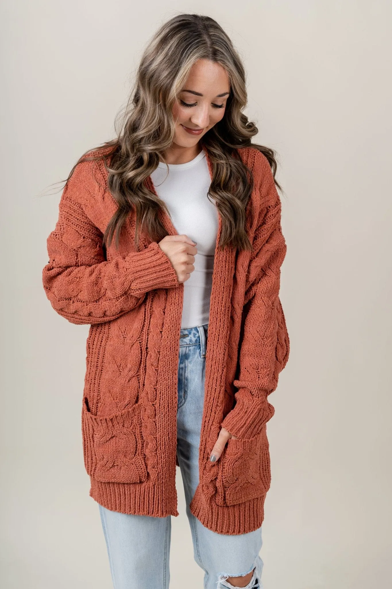 Chenille knit cardigan rust