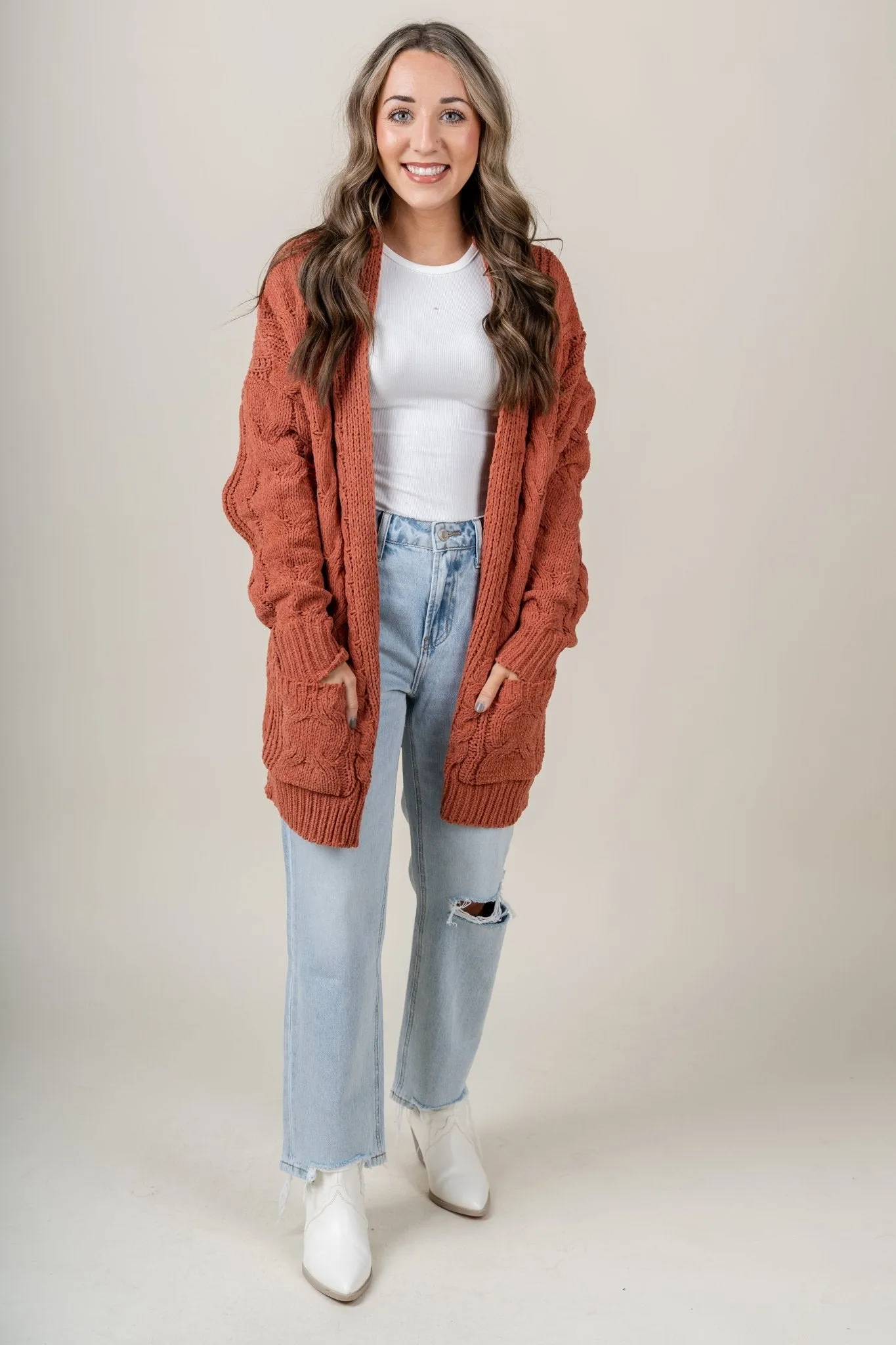 Chenille knit cardigan rust