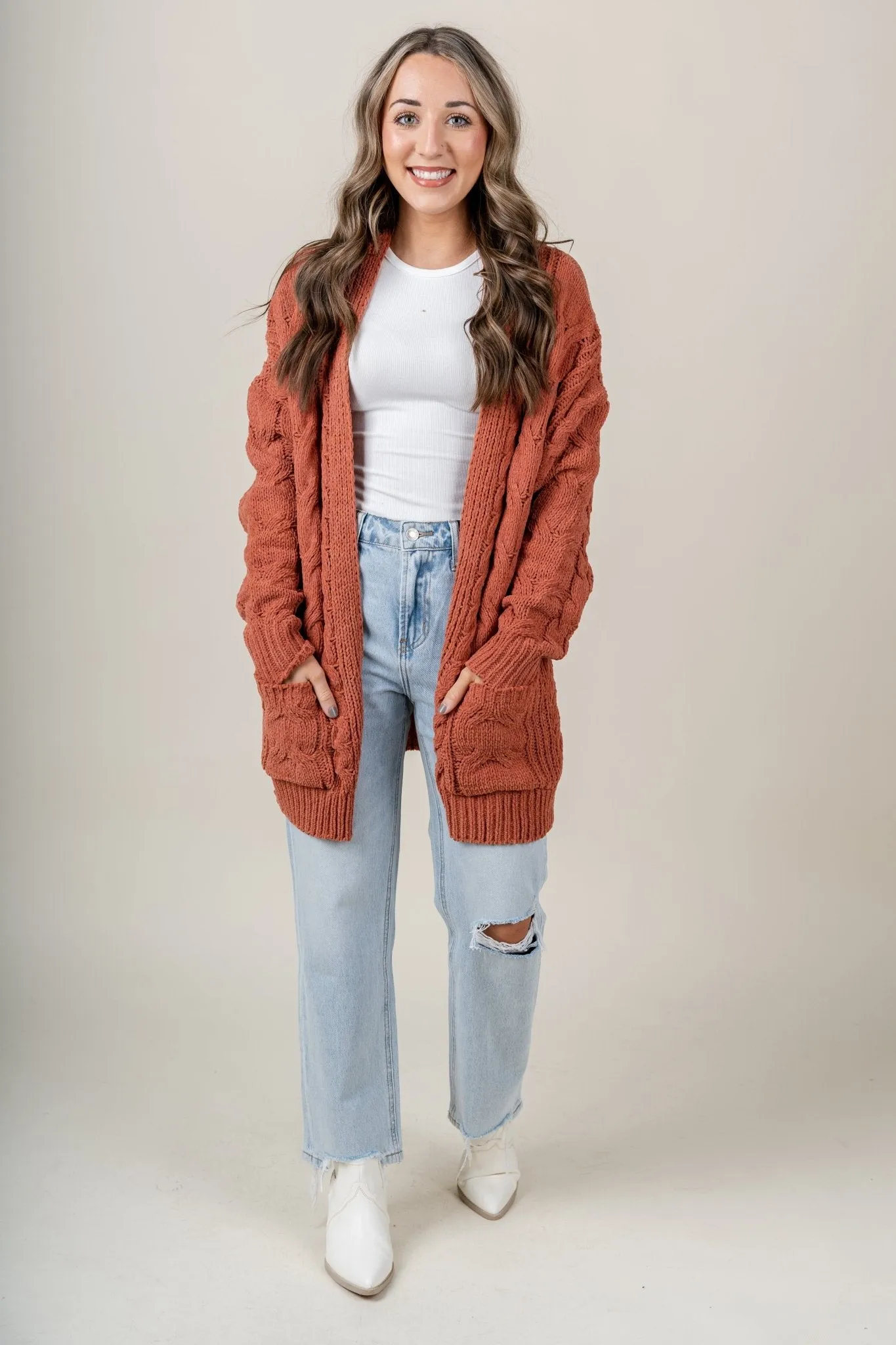 Chenille knit cardigan rust