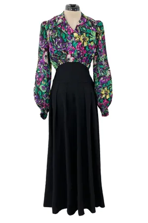 Chic 1930s Silky Rayon Vibrant Floral Printed Dress w Flared Black Crepe Skirt