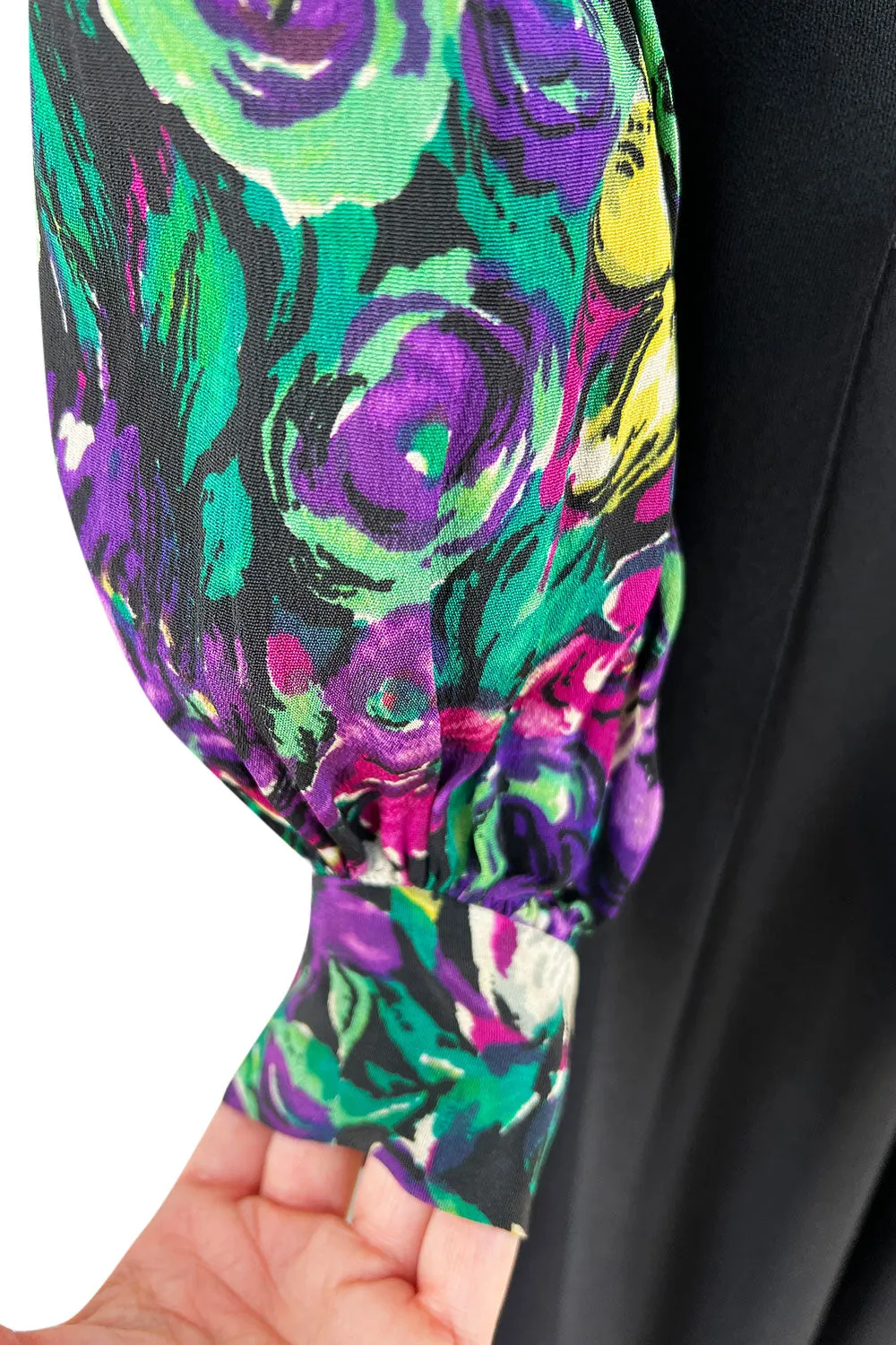 Chic 1930s Silky Rayon Vibrant Floral Printed Dress w Flared Black Crepe Skirt