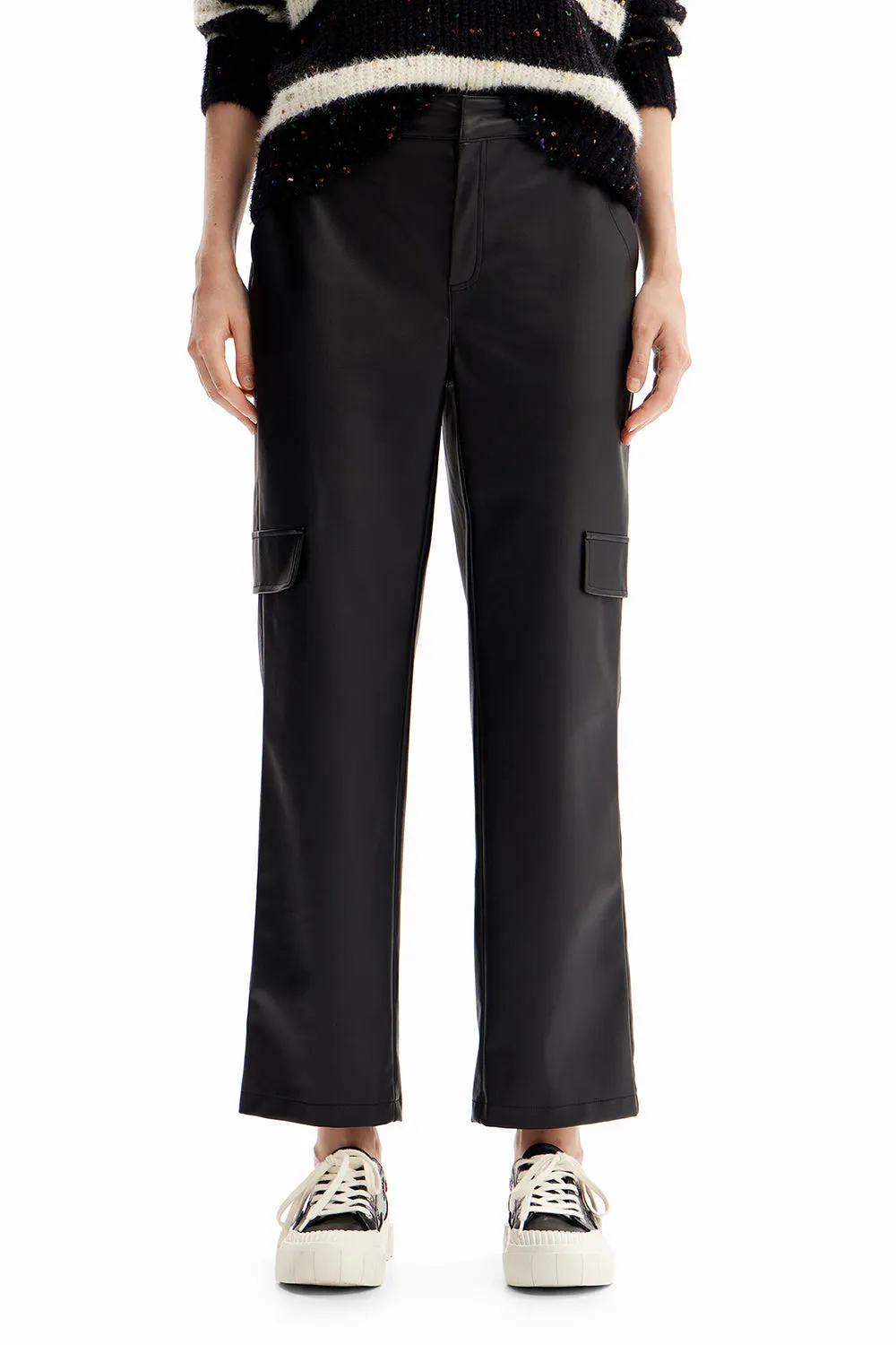 Desigual Leather Effect Cargo Trousers Nero