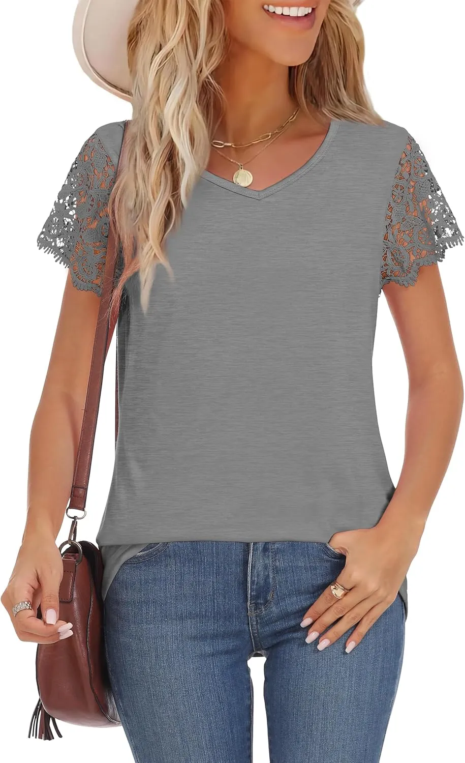 Desol Womens Summer Lace Tops Trendy 2025 Short Sleeve Tshirts Shirts Business Casual V Neck Blouses Summer Clothes