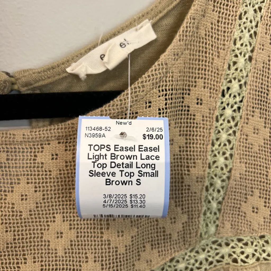 Easel Light Brown Lace Top Detail Long Sleeve Top Small
