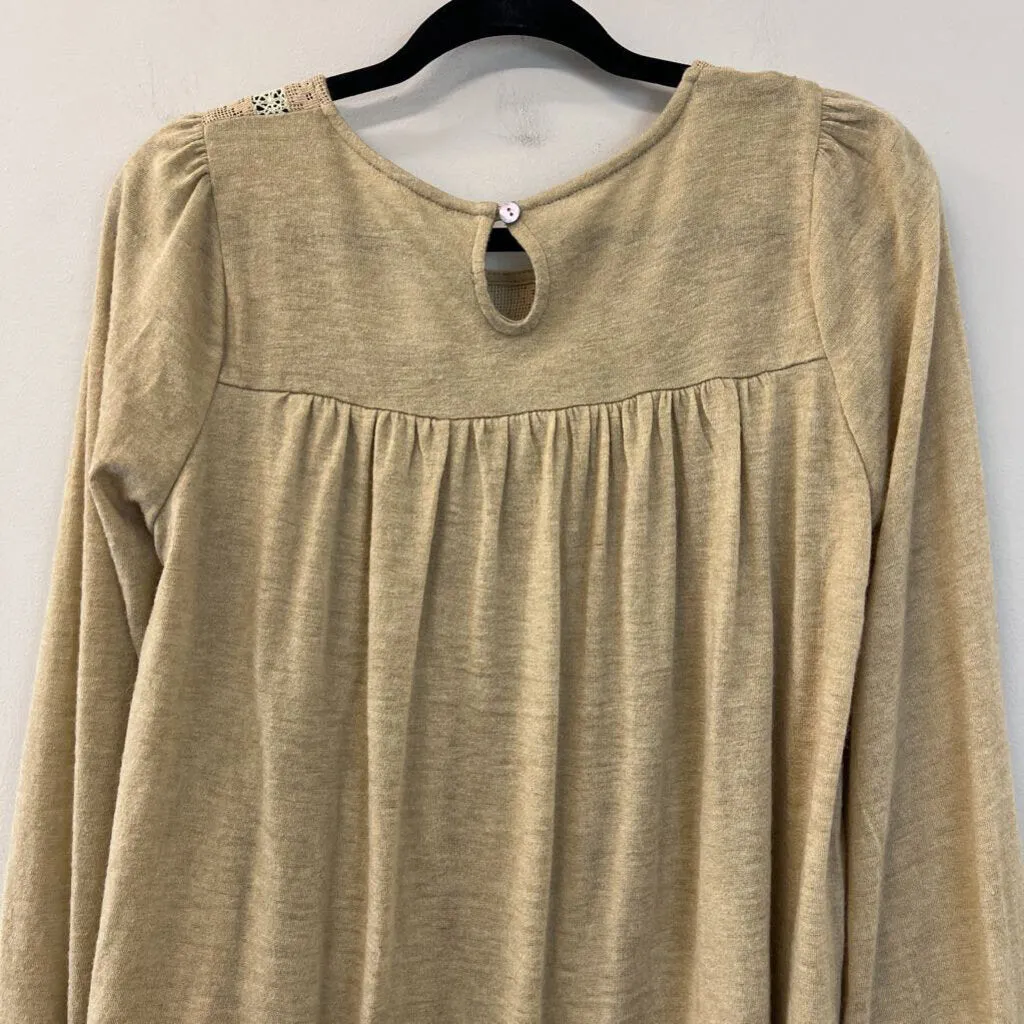 Easel Light Brown Lace Top Detail Long Sleeve Top Small