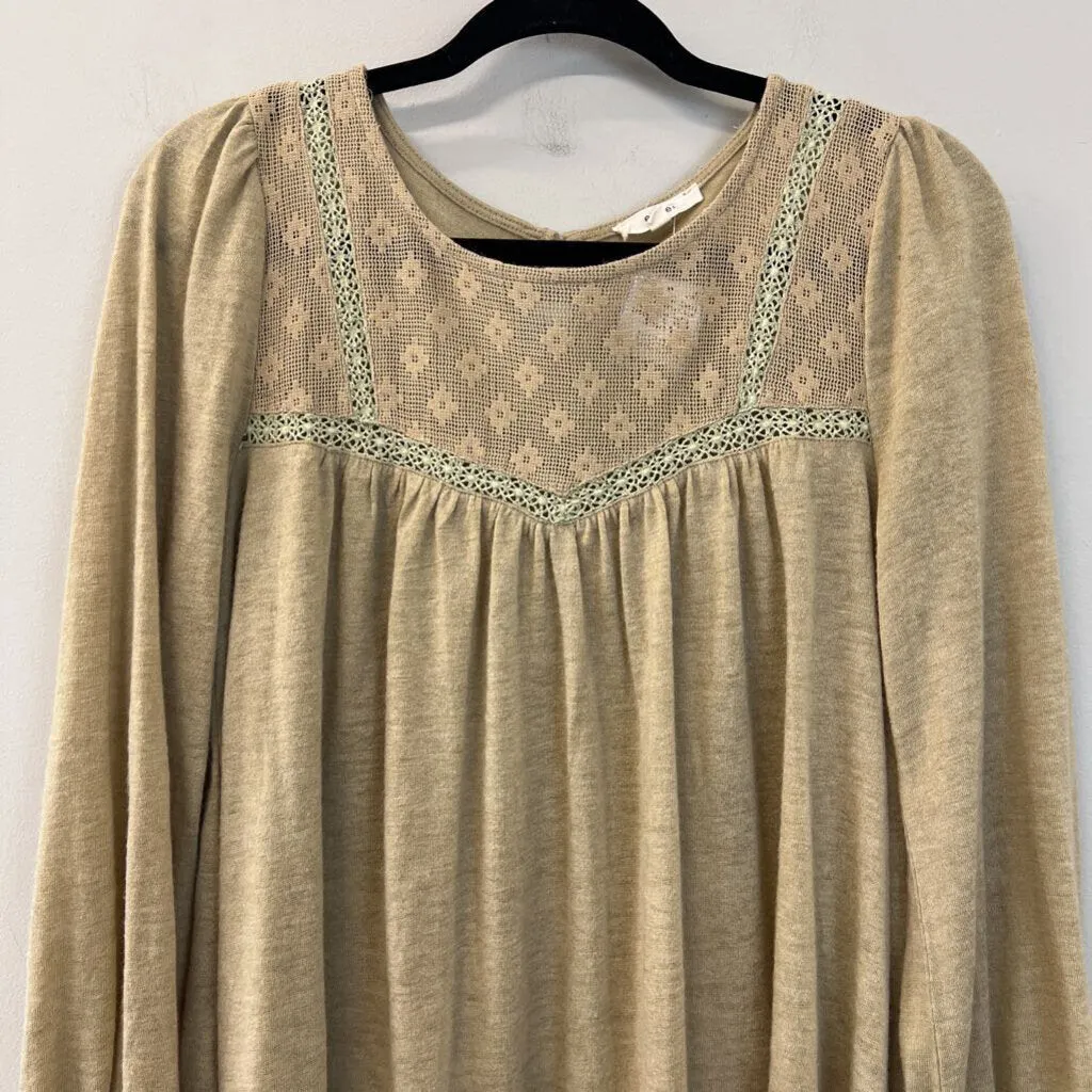 Easel Light Brown Lace Top Detail Long Sleeve Top Small