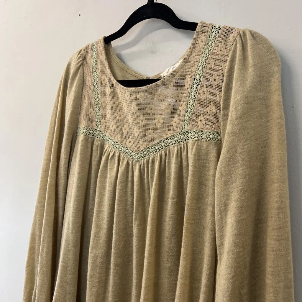 Easel Light Brown Lace Top Detail Long Sleeve Top Small