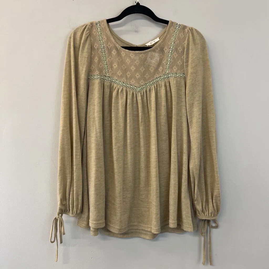 Easel Light Brown Lace Top Detail Long Sleeve Top Small