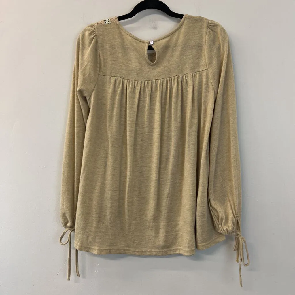 Easel Light Brown Lace Top Detail Long Sleeve Top Small