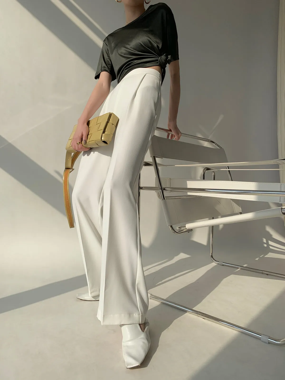 High Rise Wide Leg Straight Pant - White