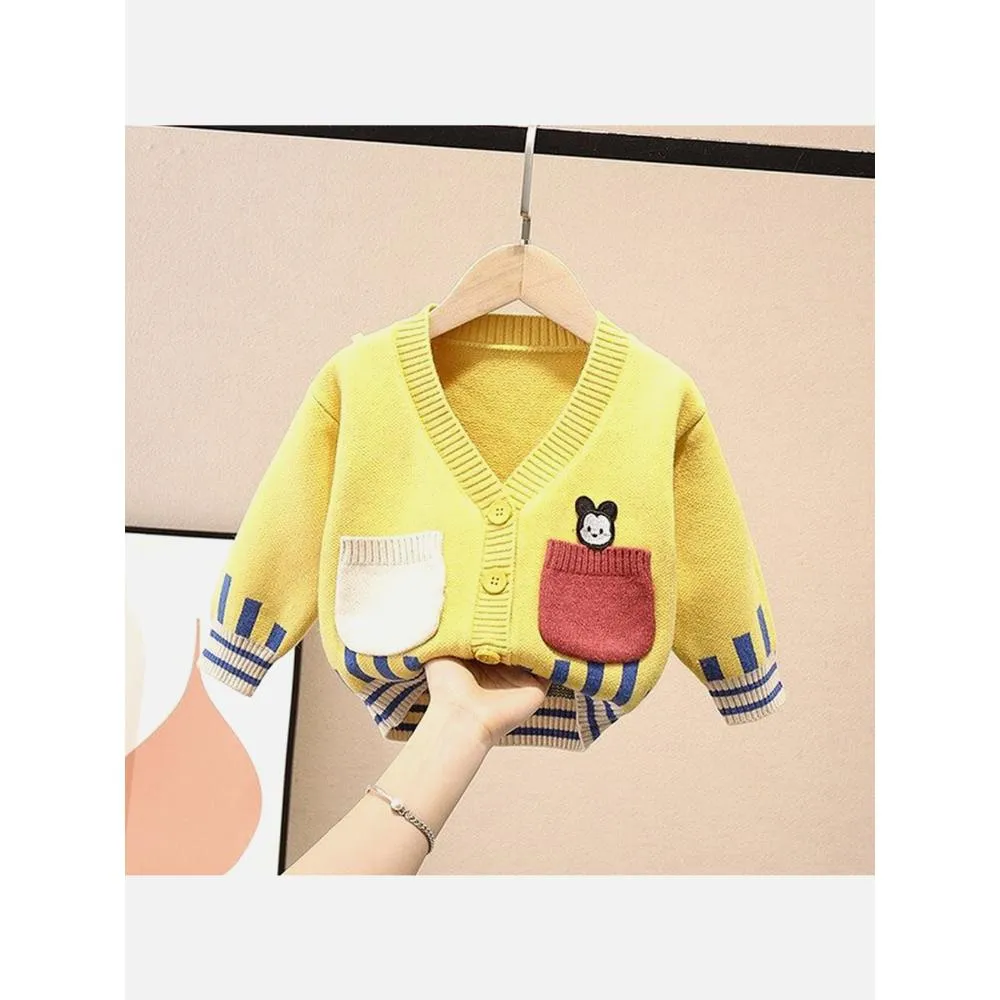 Kids Yellow Cardigan Sweater V Neck With Front Pockets