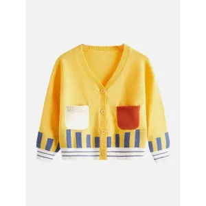 Kids Yellow Cardigan Sweater V Neck With Front Pockets