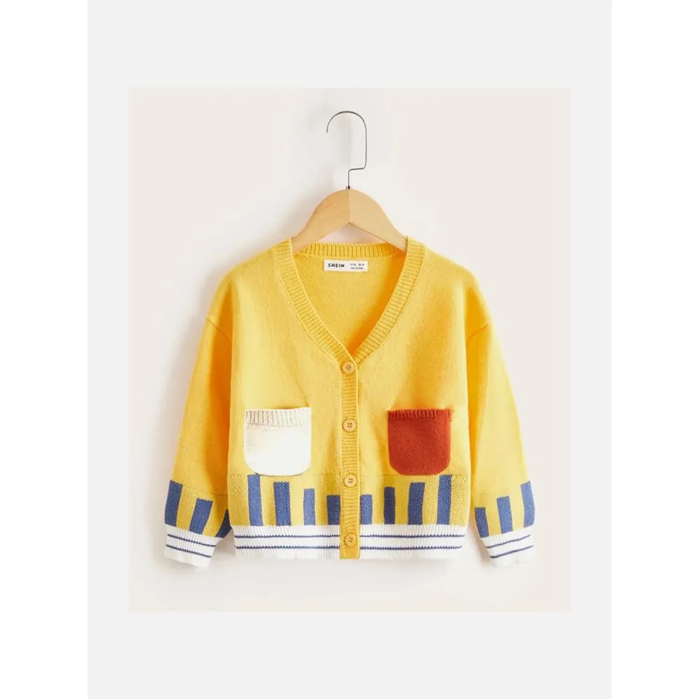 Kids Yellow Cardigan Sweater V Neck With Front Pockets