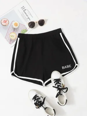Letter Embroidered Contrast Binding Dolphin Shorts