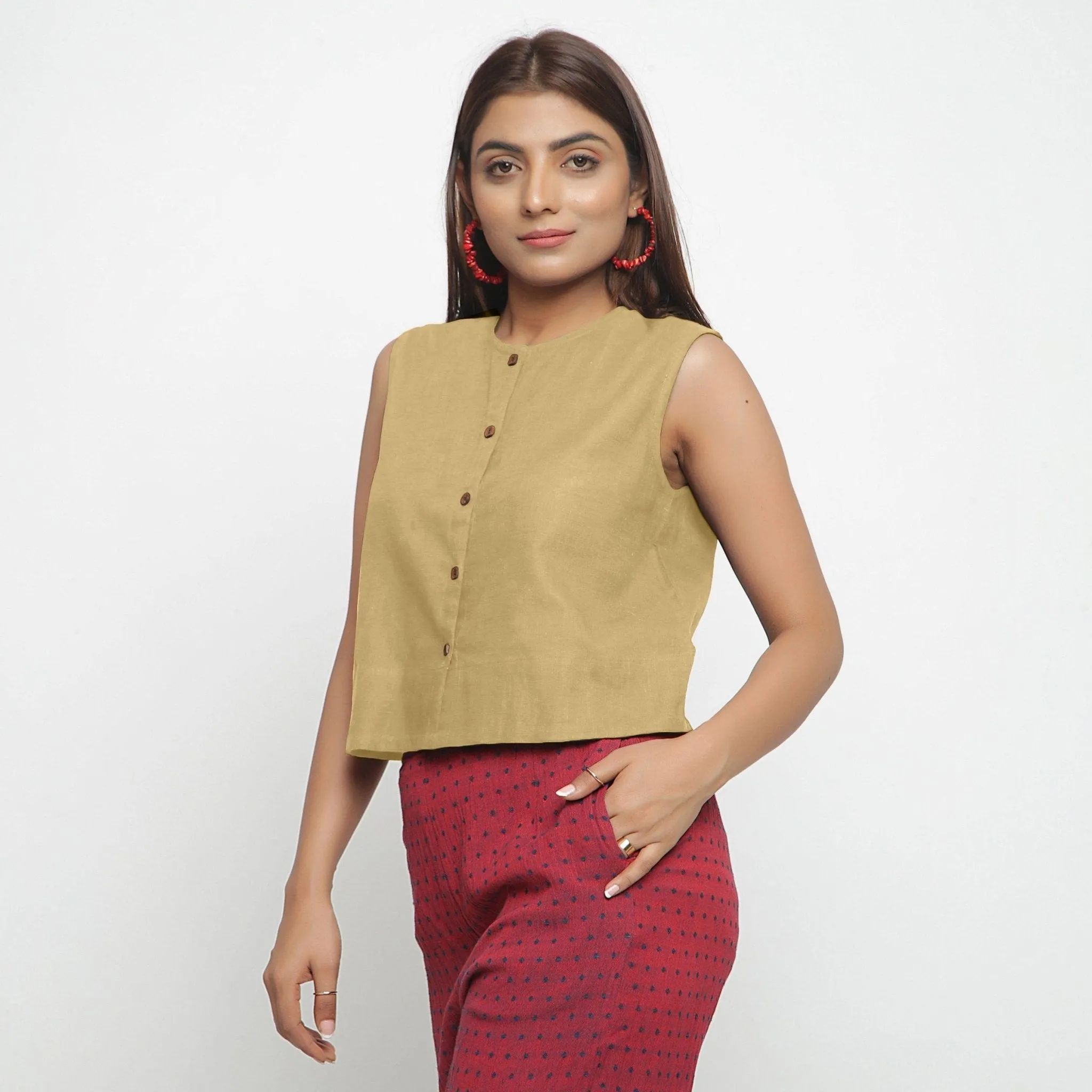Light Khaki Cotton Flax Button-Down Short Shirt