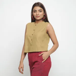 Light Khaki Cotton Flax Button-Down Short Shirt