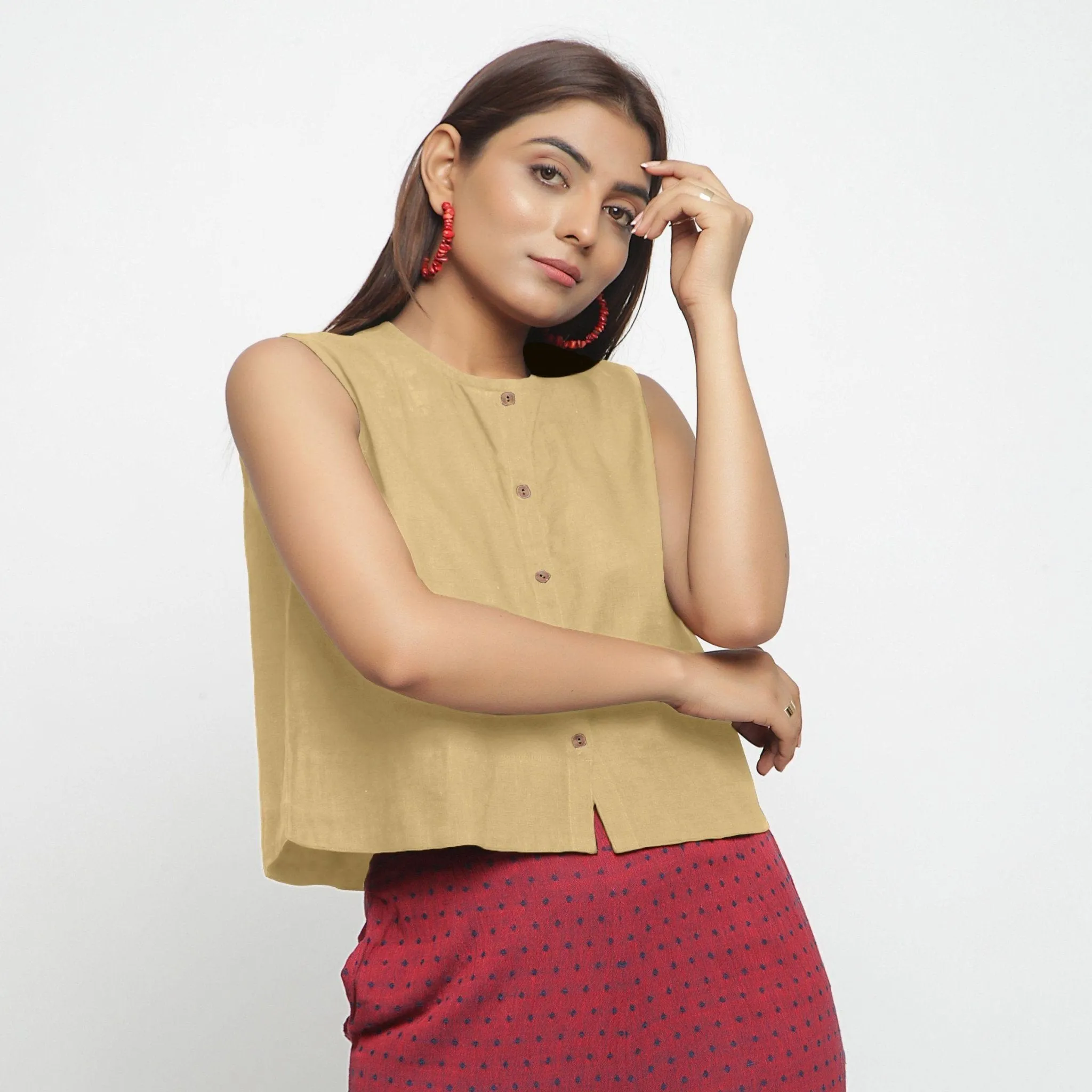 Light Khaki Cotton Flax Button-Down Short Shirt