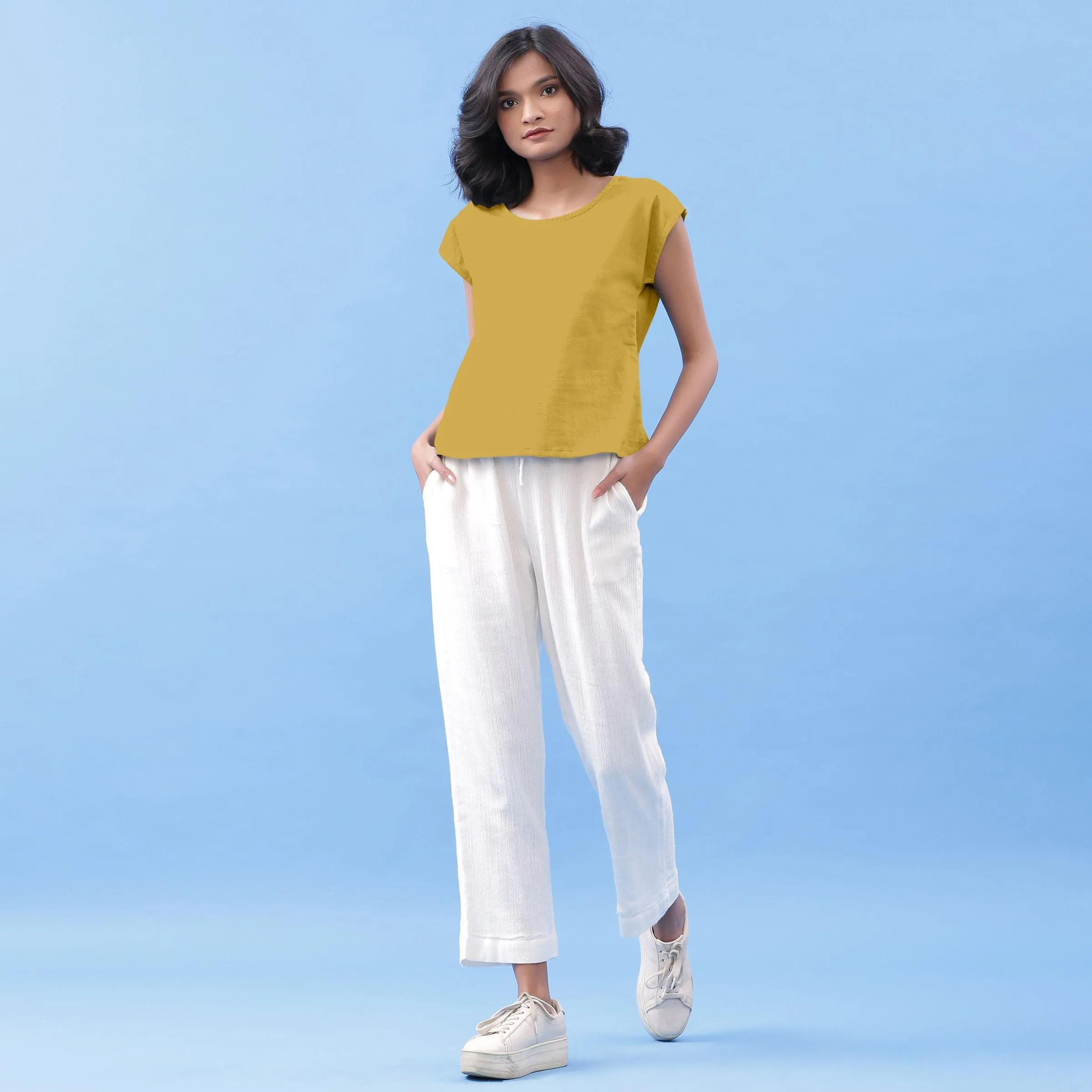 Light Yellow 100% Cotton Round Neck Essential Top