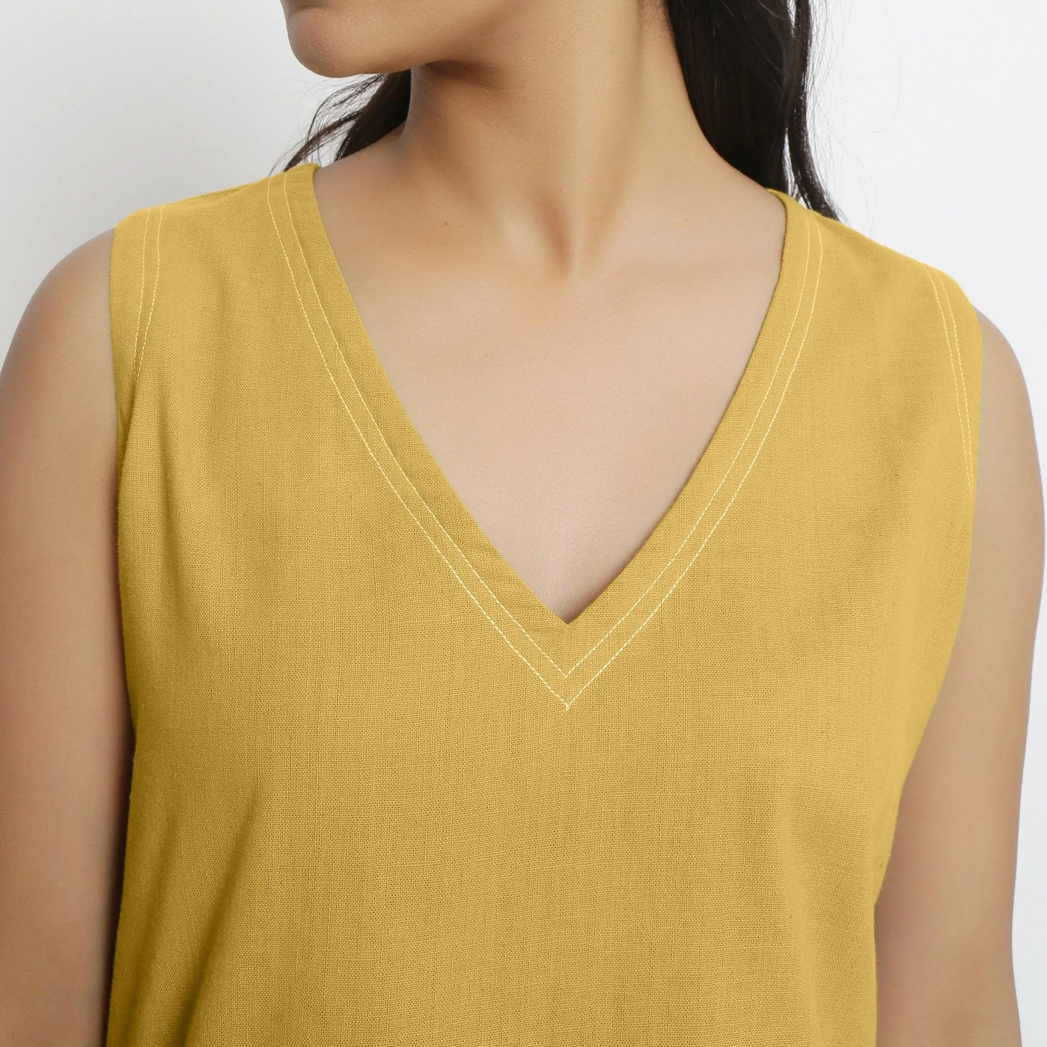 Light Yellow Handspun Cotton Sleeveless V-Neck Crop Top
