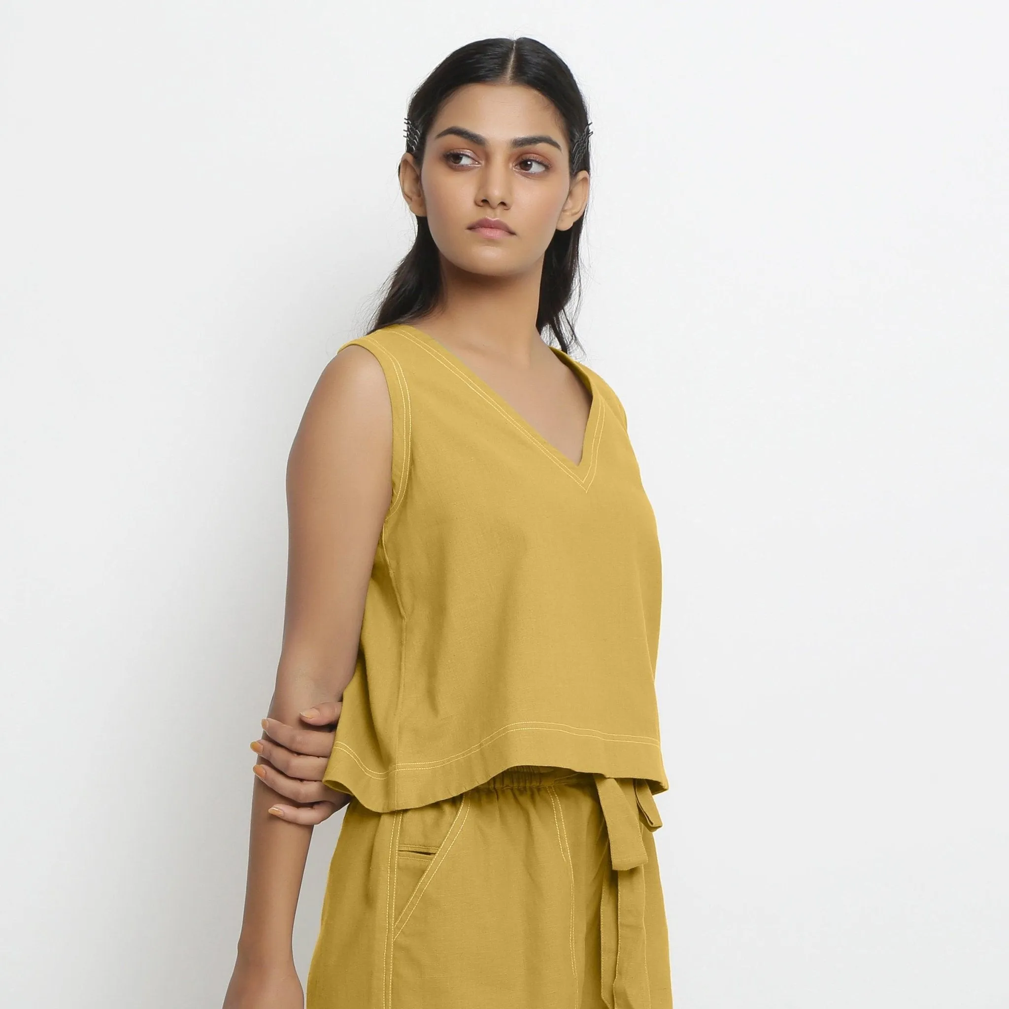 Light Yellow Handspun Cotton Sleeveless V-Neck Crop Top
