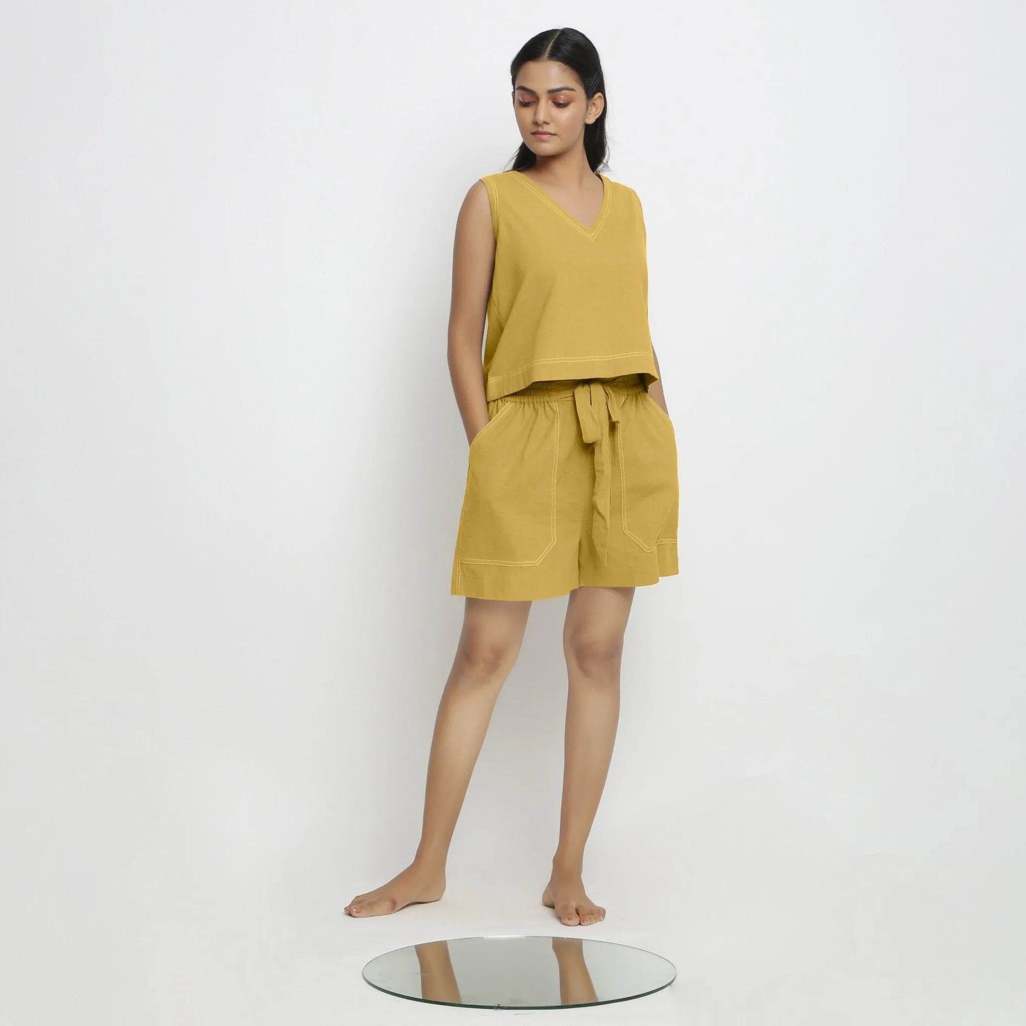 Light Yellow Handspun Cotton Sleeveless V-Neck Crop Top