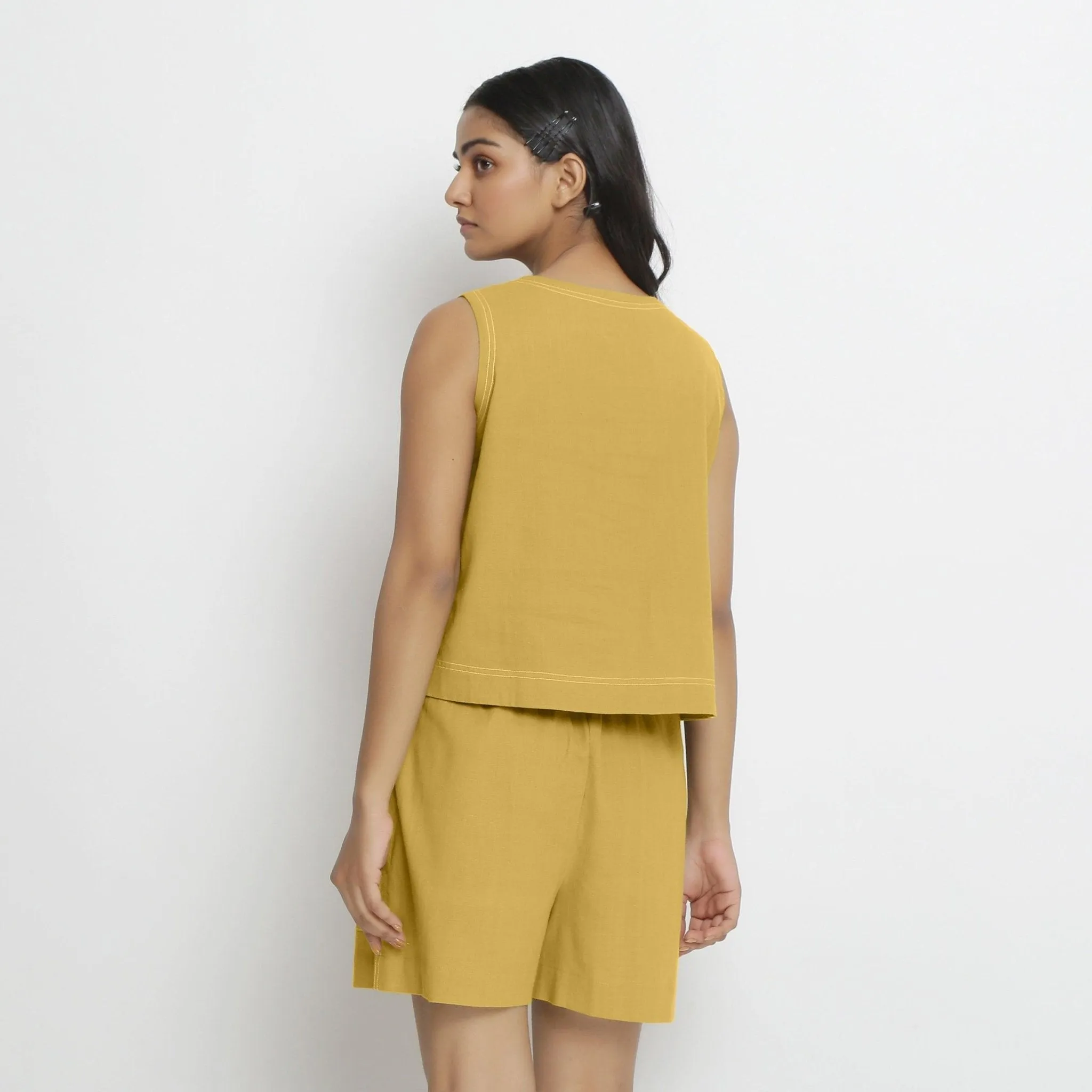 Light Yellow Handspun Cotton Sleeveless V-Neck Crop Top