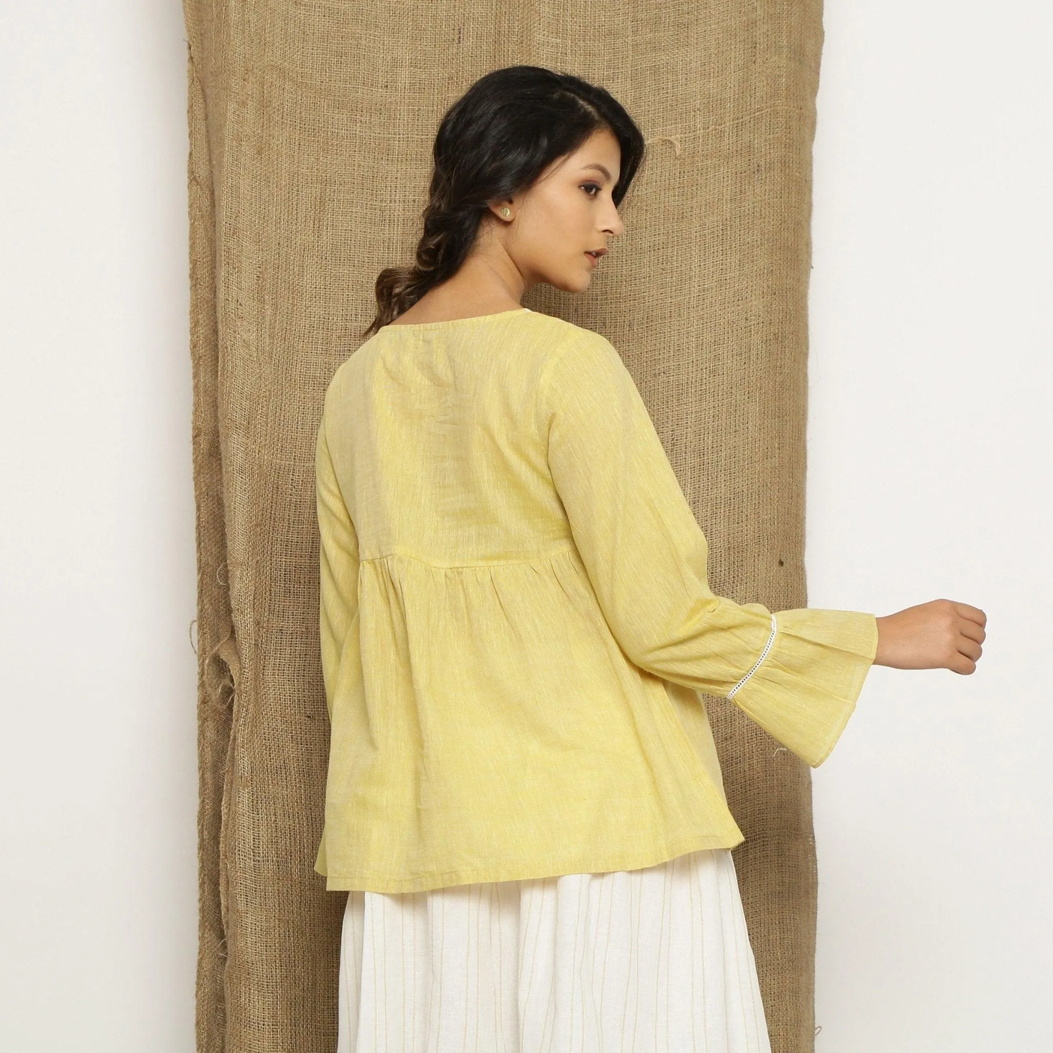 Light Yellow Scoop Neck Cotton Poet Sleeve Gathered Top