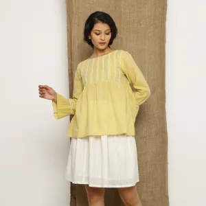 Light Yellow Scoop Neck Cotton Poet Sleeve Gathered Top