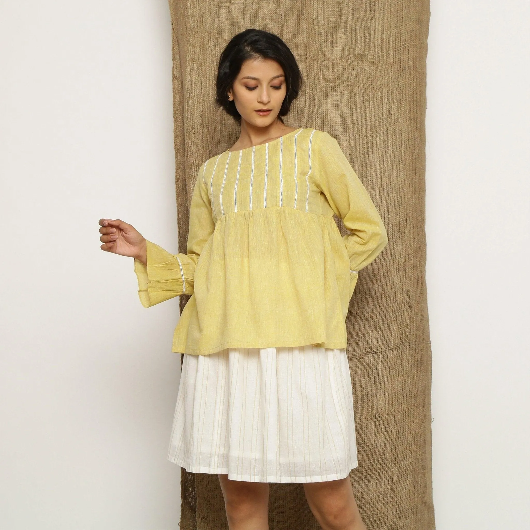 Light Yellow Scoop Neck Cotton Poet Sleeve Gathered Top