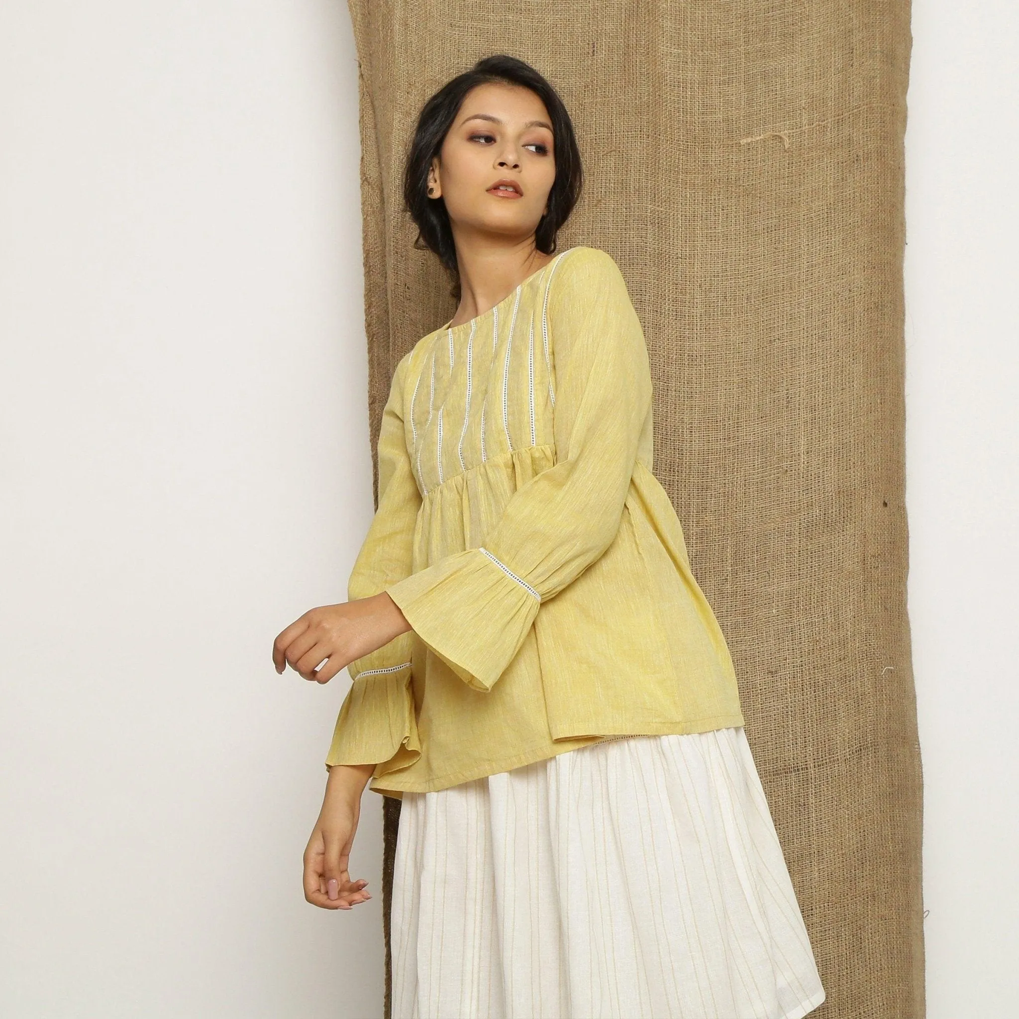 Light Yellow Scoop Neck Cotton Poet Sleeve Gathered Top