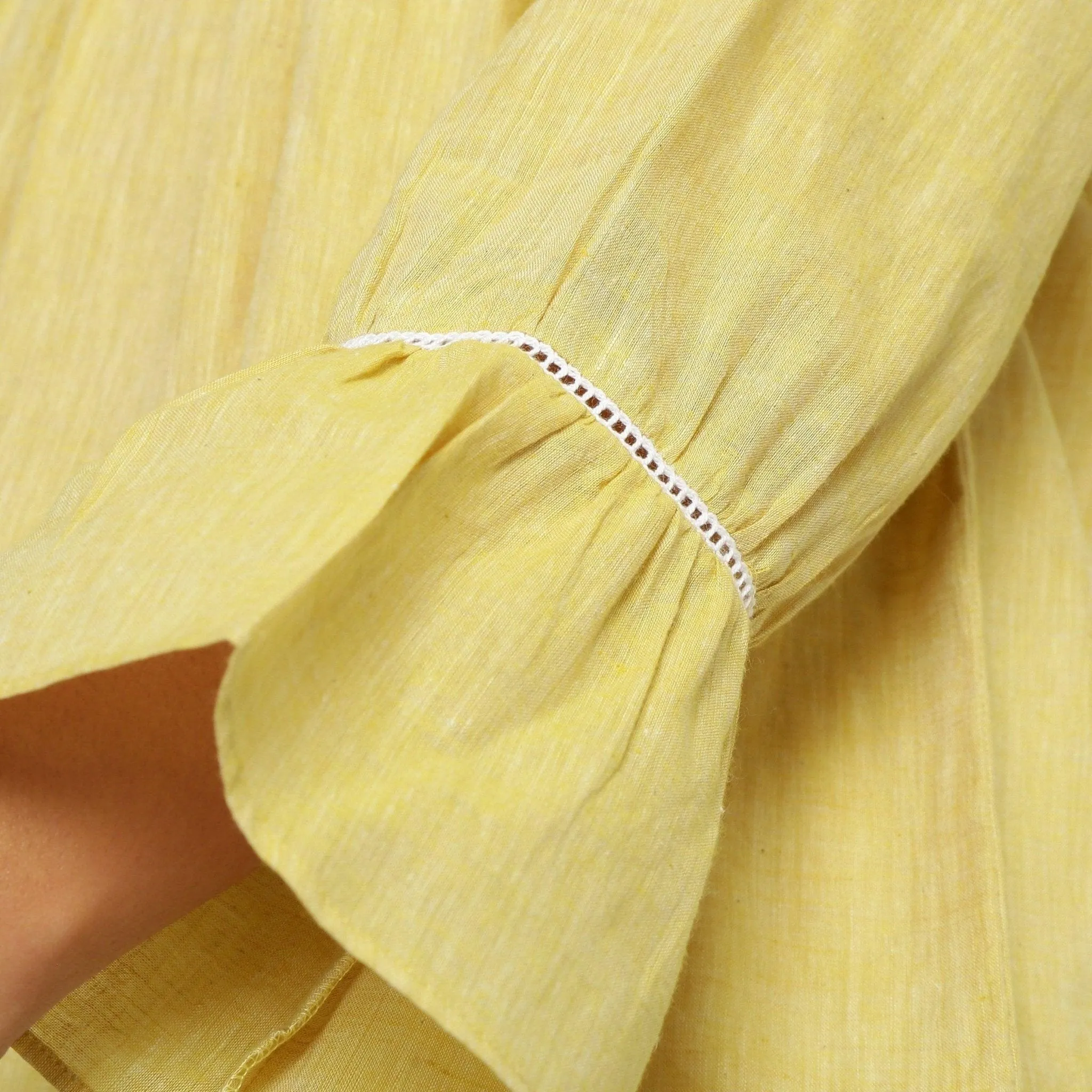 Light Yellow Scoop Neck Cotton Poet Sleeve Gathered Top
