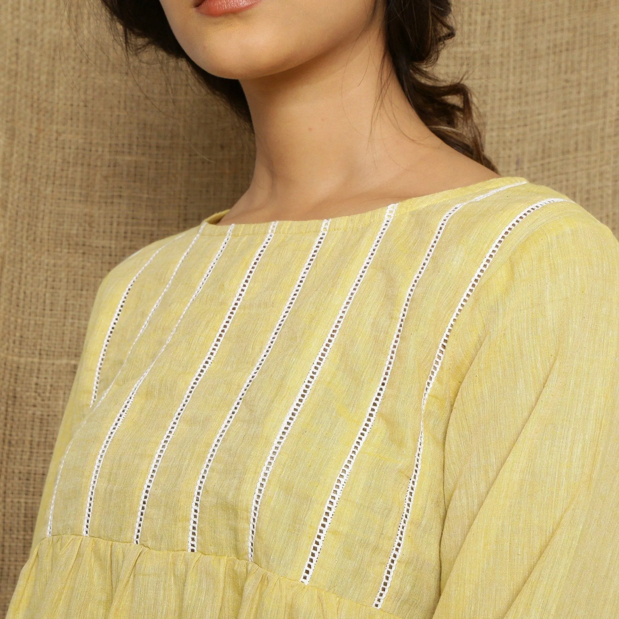 Light Yellow Scoop Neck Cotton Poet Sleeve Gathered Top
