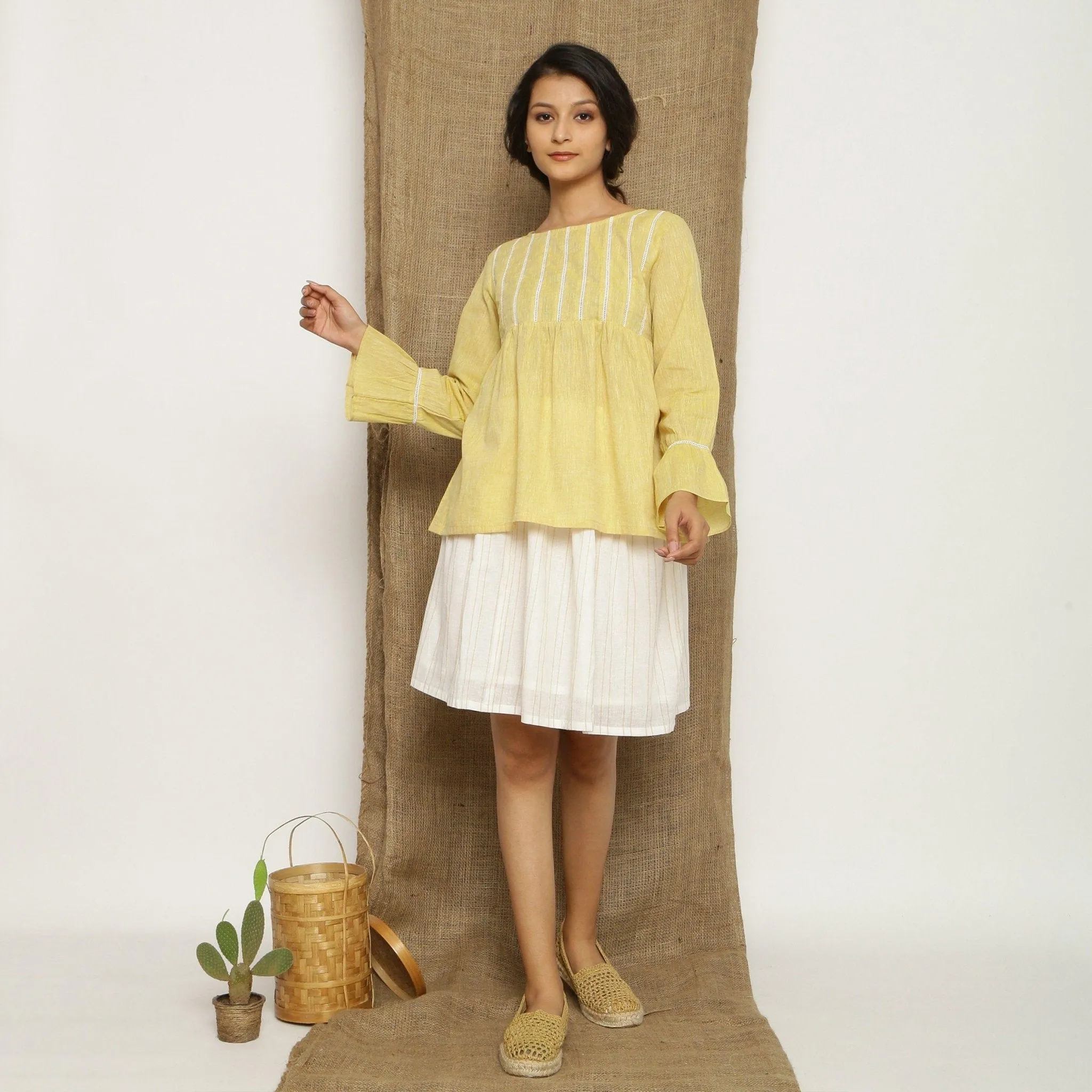 Light Yellow Scoop Neck Cotton Poet Sleeve Gathered Top