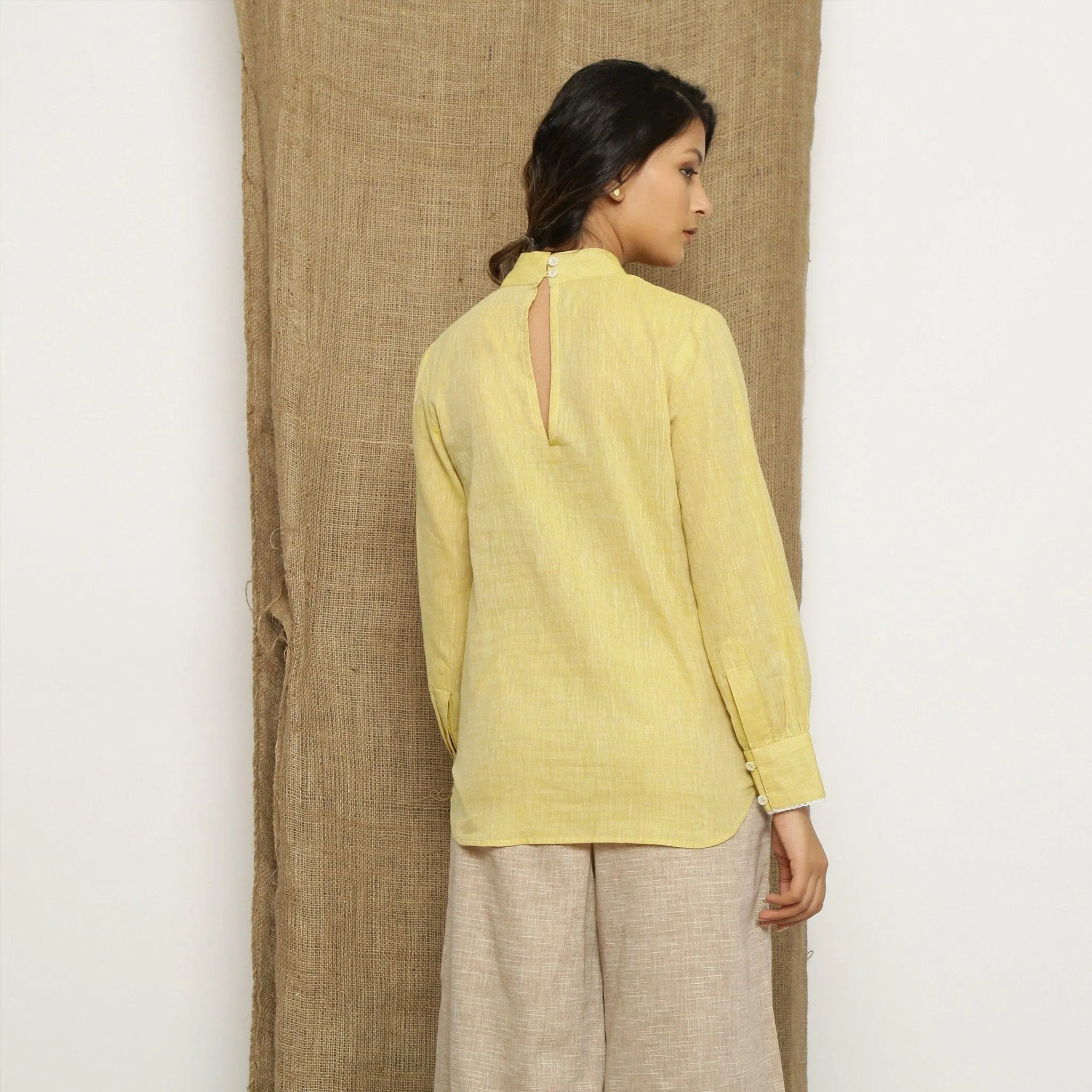 Light Yellow Yarn Dyed Handspun Cotton Lace Halter Neck Top