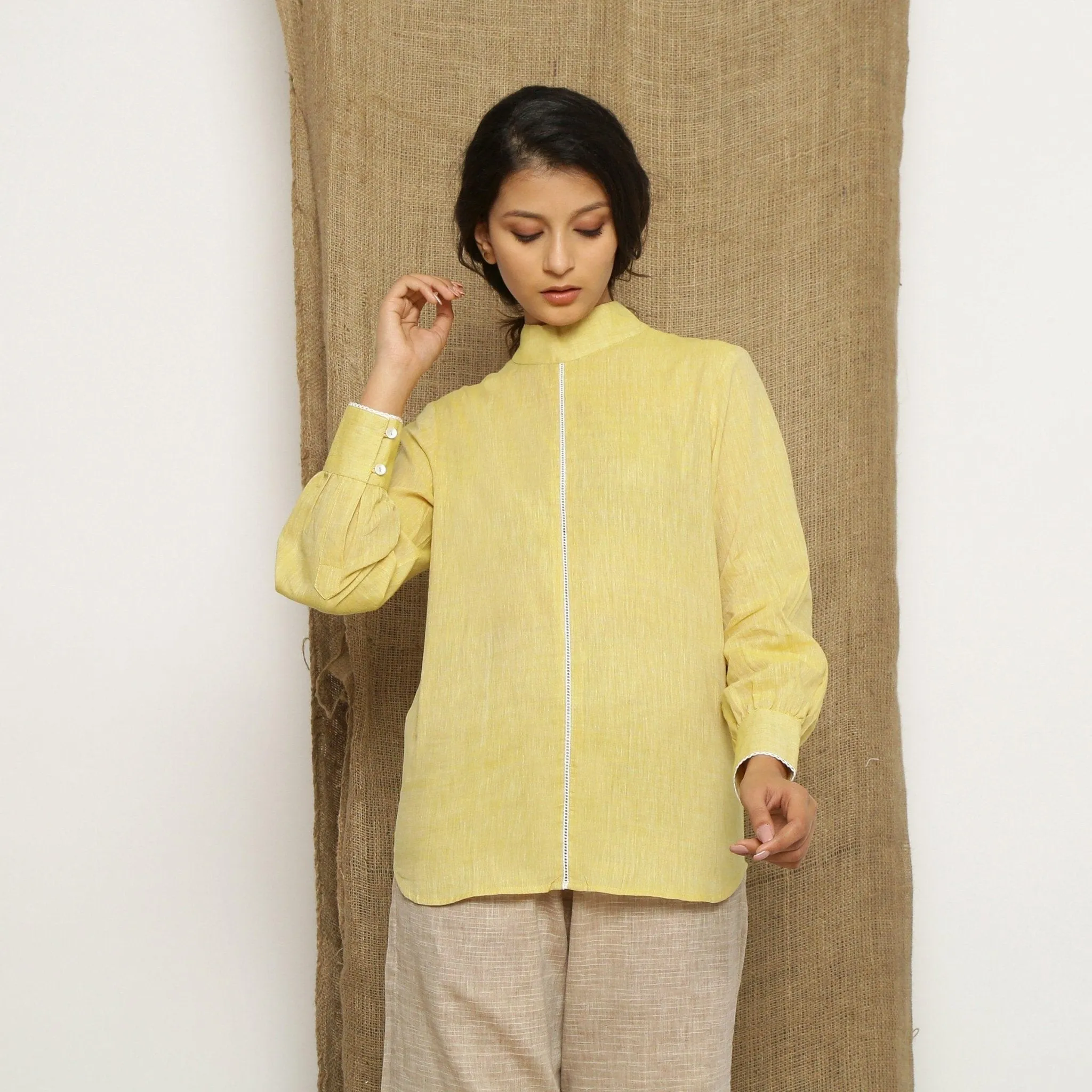 Light Yellow Yarn Dyed Handspun Cotton Lace Halter Neck Top