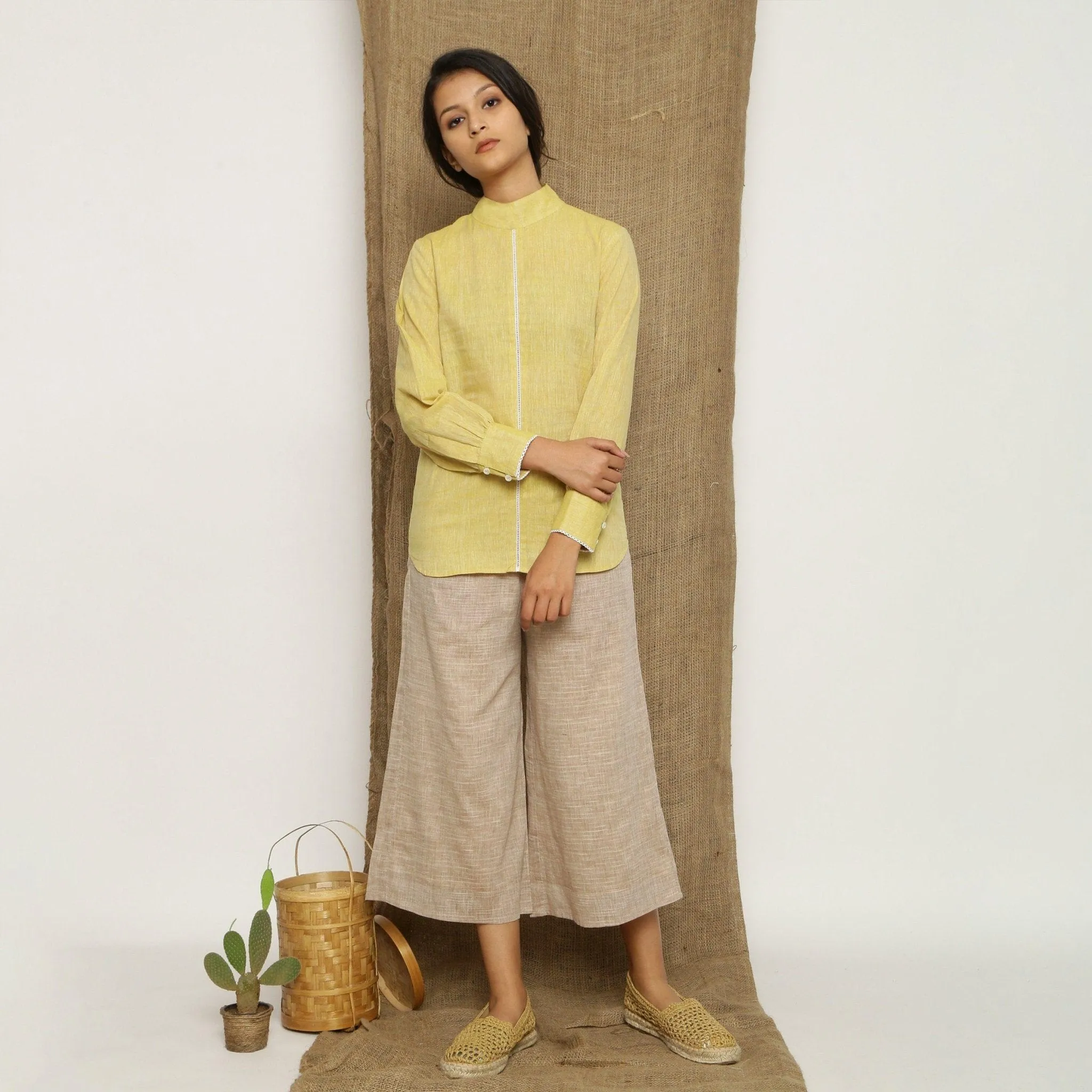 Light Yellow Yarn Dyed Handspun Cotton Lace Halter Neck Top