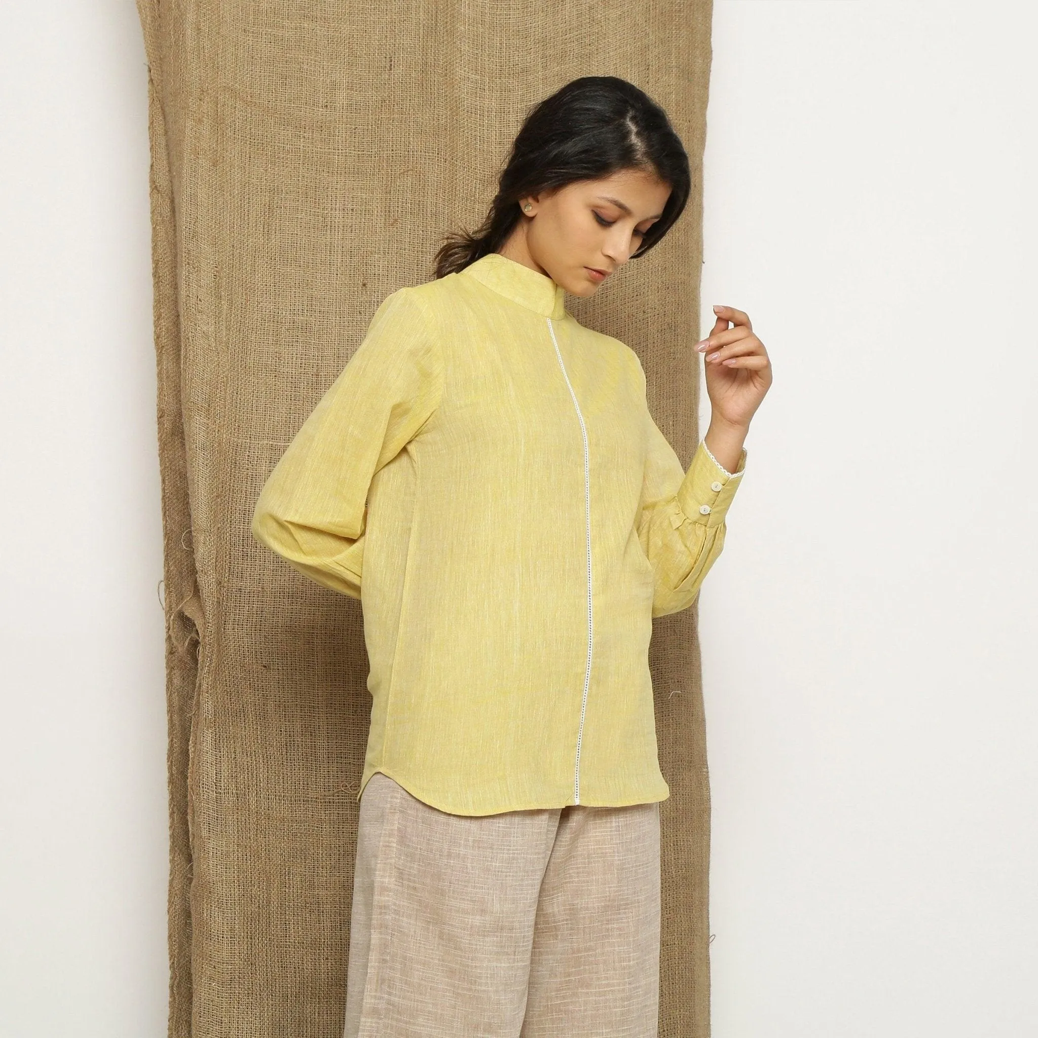 Light Yellow Yarn Dyed Handspun Cotton Lace Halter Neck Top